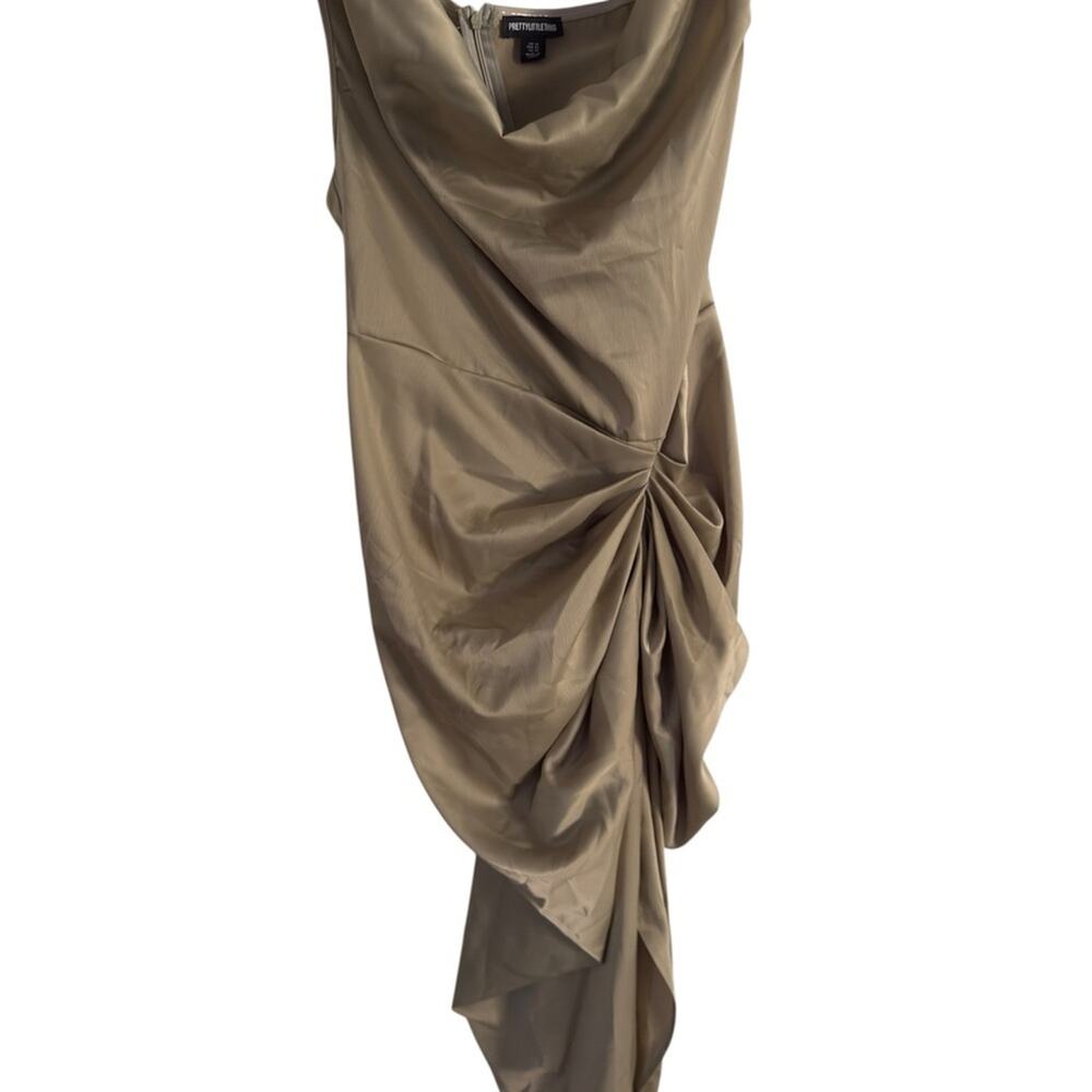 PRETTYLITTLETHING | Olive Asymmetrical Midi Dress Ruched Wedding Guest | Size 10 - Picture 6 of 11
